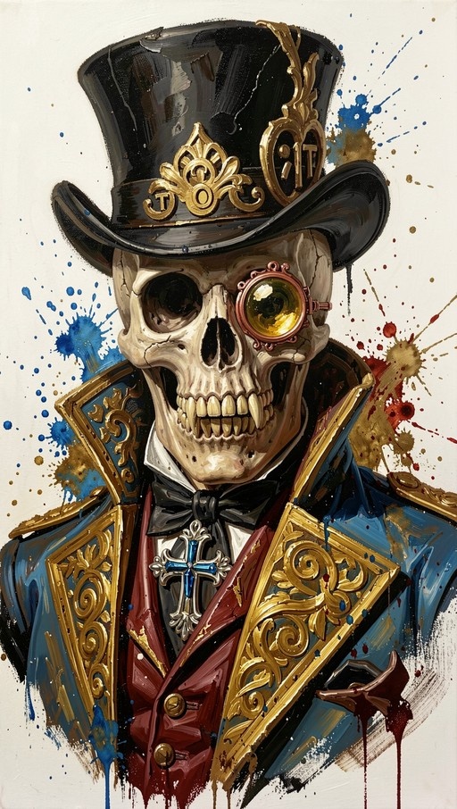 A digital painting of a skeleton wearing a black top hat, monocle, and ornate blue jacket with gold trim.