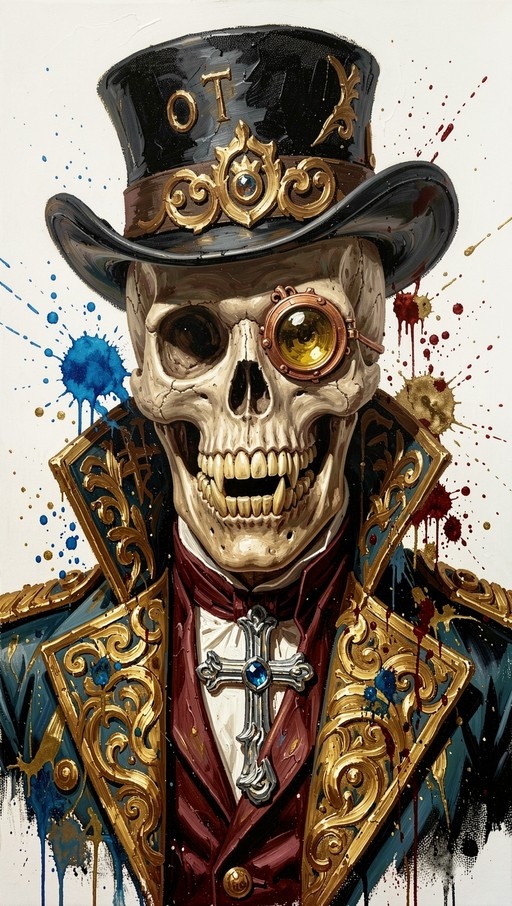 A skeletal figure wearing a black top hat with gold trim and a brass monocle, dressed in an ornate blue jacket with gold embroidery and a silver cross pendant against a white background with paint splatters.