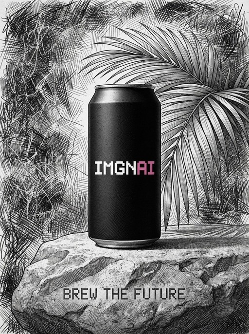 A black soda can with an IMGN logo sits on a rock surrounded by sketched palm leaves.
