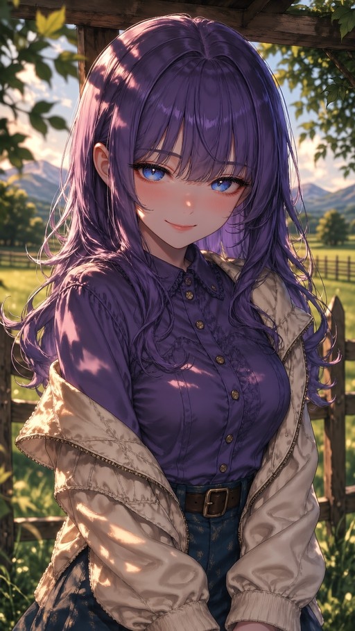 An anime-style illustration of a young woman with long wavy purple hair and blue eyes, wearing a purple shirt and beige jacket, standing outdoors near a wooden fence with mountains in the background.
