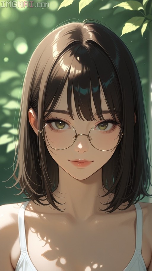 Anime-style portrait of a young woman with short brown hair and round glasses wearing a white top in dappled sunlight.