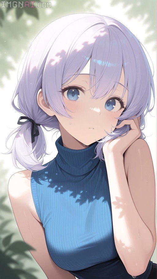 A close-up of a blushing anime girl with short silver hair and blue eyes, wearing a blue sleeveless turtleneck sweater in dappled sunlight.