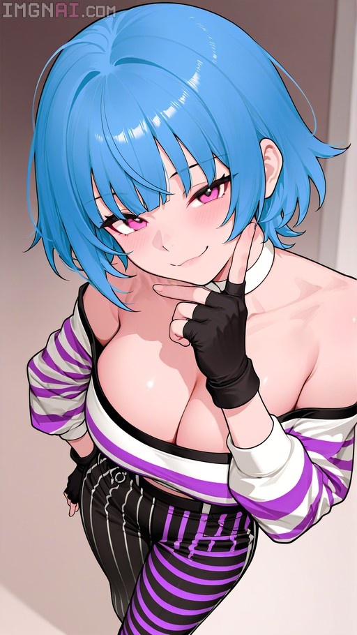 A digital illustration of a blue-haired anime girl with pink eyes wearing a purple and white striped off-shoulder top and black pants, smiling while touching her chin.
