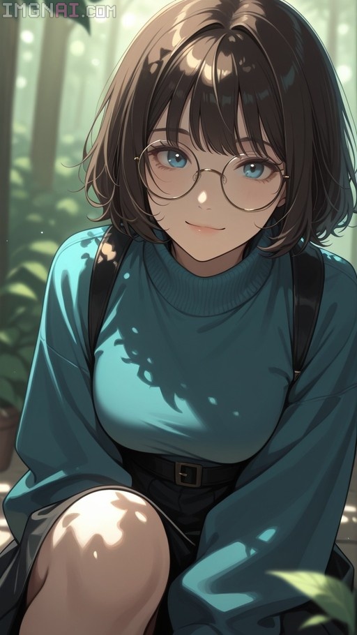 Anime-style illustration of a young woman with short brown hair and round glasses wearing a blue sweater and black skirt, sitting outdoors in dappled sunlight.
