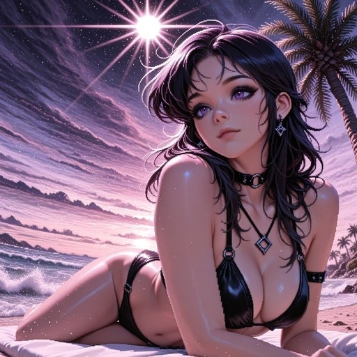 An anime-style woman with long dark hair and purple eyes lies on a white towel on the sand, wearing a black bikini and jewelry against a backdrop of palm trees and a starry sky.