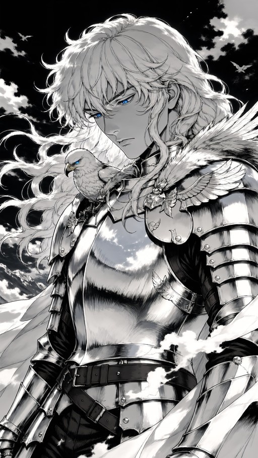A black and white digital illustration of a young man with long white hair and blue eyes wearing silver armor, with an eagle perched on his shoulder against a cloudy sky.