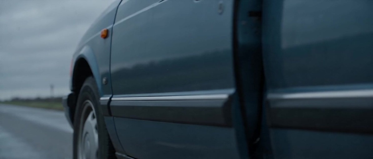 A realistic black cat with visible whiskers sits outdoors near a car on a road under an overcast sky, with the background softly blurred.