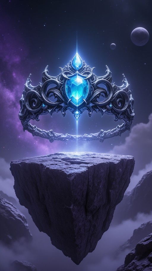 A detailed fantasy crown with a large blue gem floats above a dark floating rock island in space, emitting a beam of light downwards against a purple starry sky.
