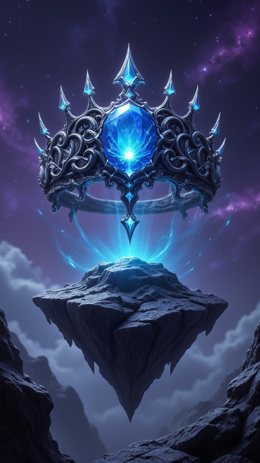 Ornate dark crown with glowing blue gemstone floating above a rock in a starry purple sky