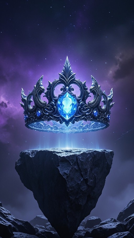 A detailed fantasy crown with a large blue gemstone floats above a rocky cliff in a purple starry sky.