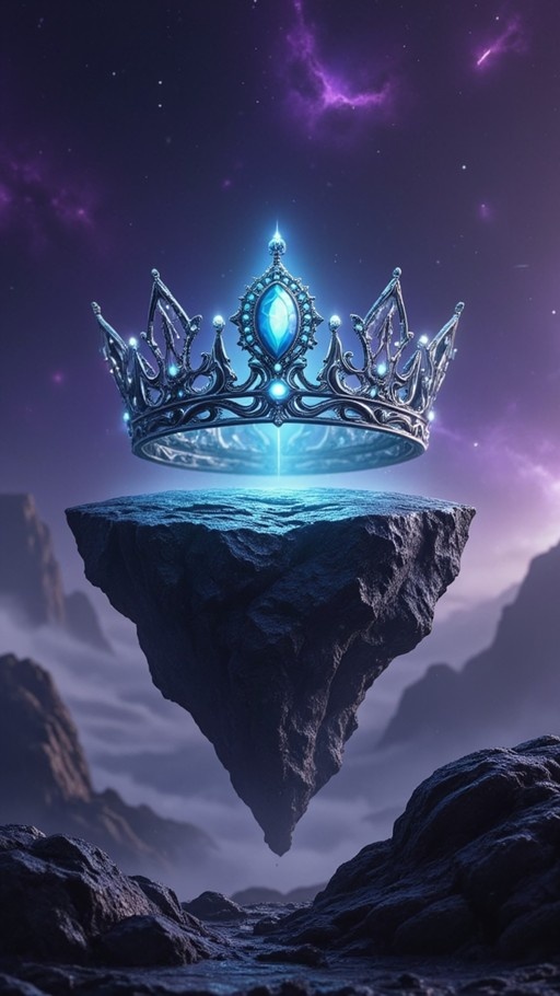 Ornate silver crown with glowing blue gem hovering over a floating rock island in a purple starry night sky.