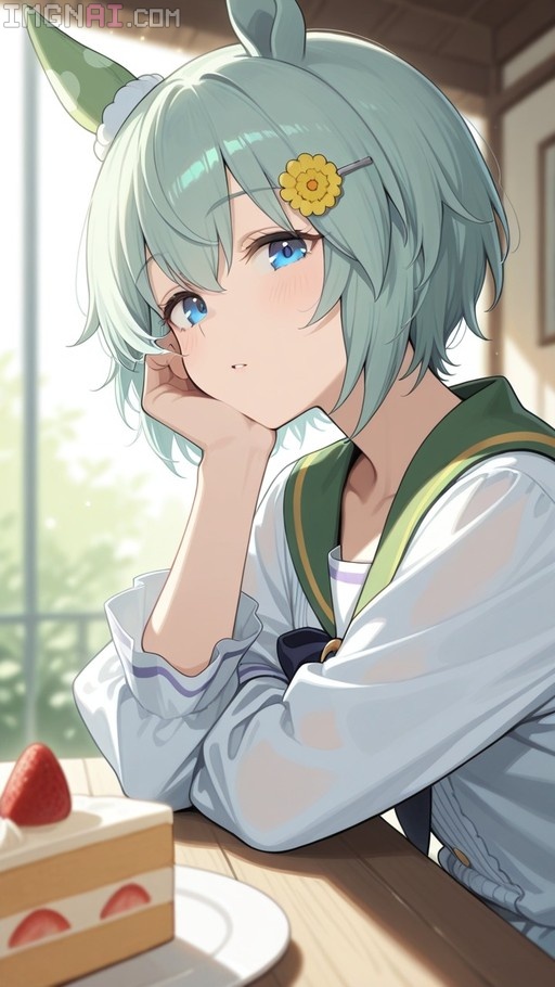 Anime-style Seiun Sky with short green hair and horse ears rests her chin on her hand beside a slice of strawberry cake.