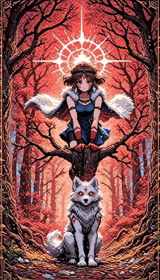 Pixel art of San from Princess Mononoke sitting on a tree branch above Moro the wolf in an autumn forest, with a glowing halo behind her head.