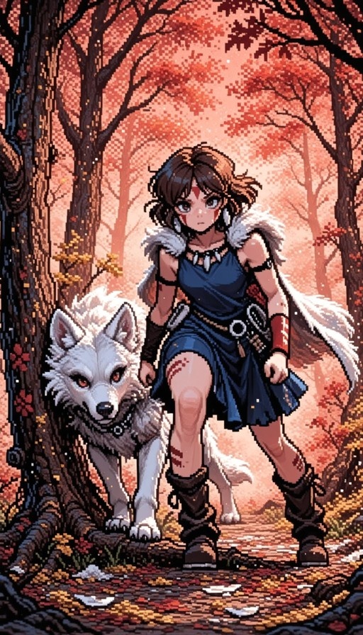 San from Princess Mononoke stands in a pixel art style next to the white wolf Moro in an autumn forest.