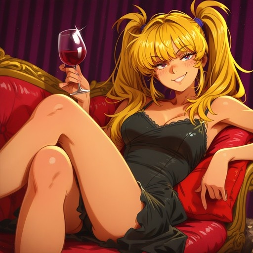 Blonde anime girl with heterochromia holding wine on red couch.