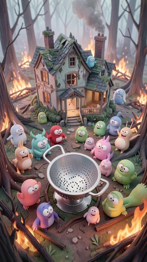 A group of colorful, cute monster-like creatures standing in a circle around a large metal colander in a forest clearing with a house and fires in the background.