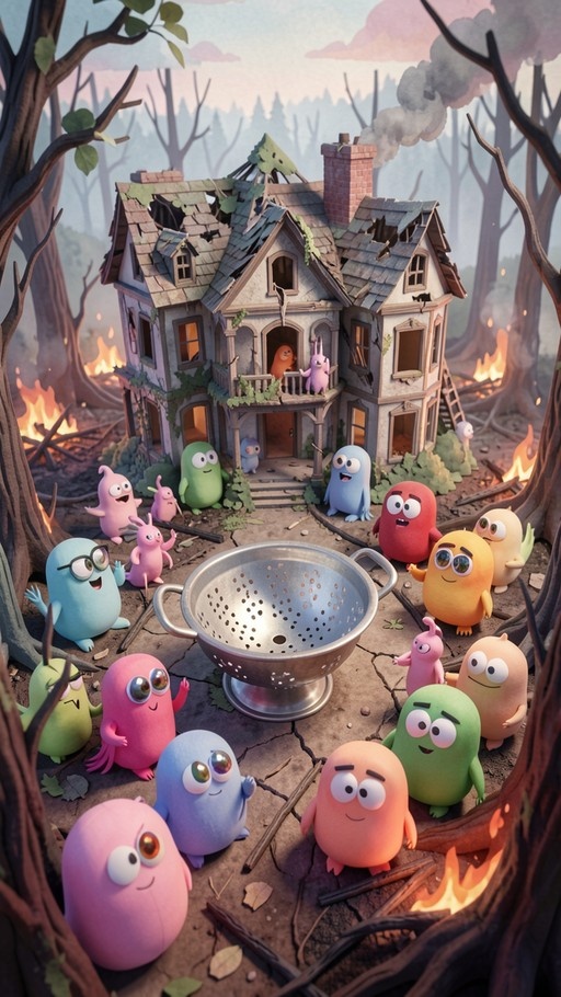 A group of colorful round monsters stands around a large metal colander in front of a burning house in the woods.