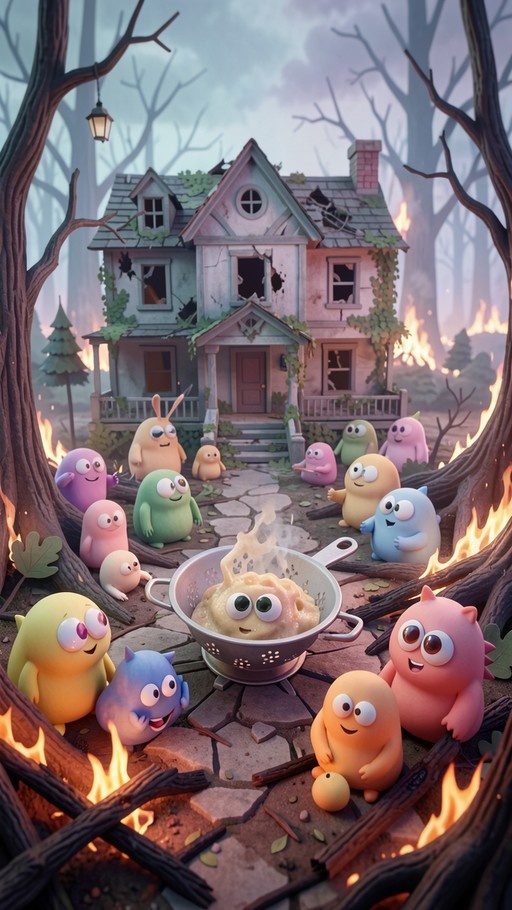A group of colorful monsters gathered around a steaming colander of food in front of a dilapidated house in a forest.