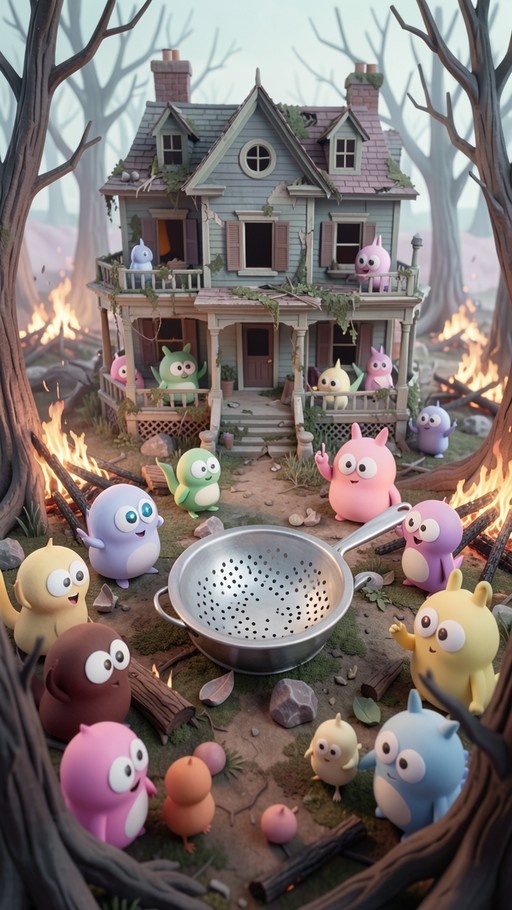 A group of colorful round creatures with large eyes gather around a metal colander in front of a dilapidated two-story house surrounded by trees and fires.