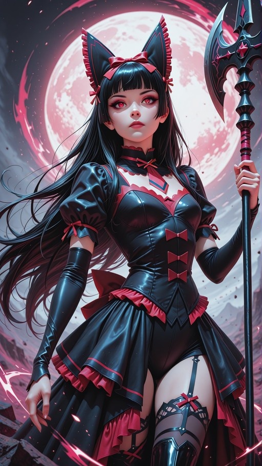 A digital illustration of a gothic lolita girl with long black hair and red eyes, wearing a black and red frilly dress and cat ears while holding a large halberd in front of a full moon.