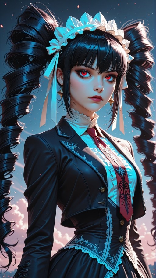 Anime girl with black twin drills and red eyes wearing a gothic school uniform