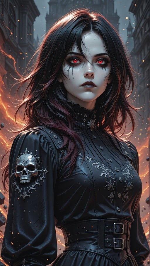 A pale woman with long dark hair and glowing red eyes wearing a black dress with a silver skull shoulder piece in a misty city.