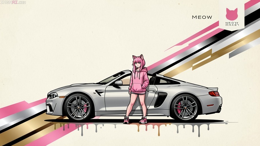 A pink-haired anime catgirl in a pink hoodie stands beside a silver convertible sports car on an automotive poster with diagonal speed stripes and a "Meow Maker" logo.