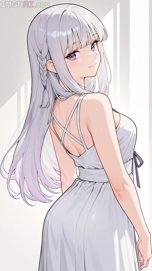 Digital illustration of Emilia from Re:Zero with long silver hair in a side braid and purple eyes, wearing a white backless dress and looking over her shoulder with a soft smile.
