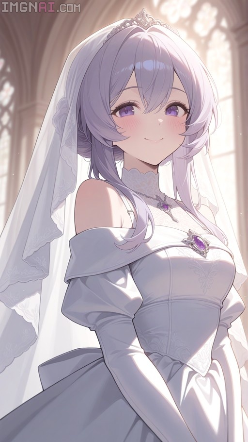 An anime-style illustration of a smiling bride with long lavender hair and purple eyes, wearing an elegant white off-the-shoulder wedding gown and veil in a sunlit church.