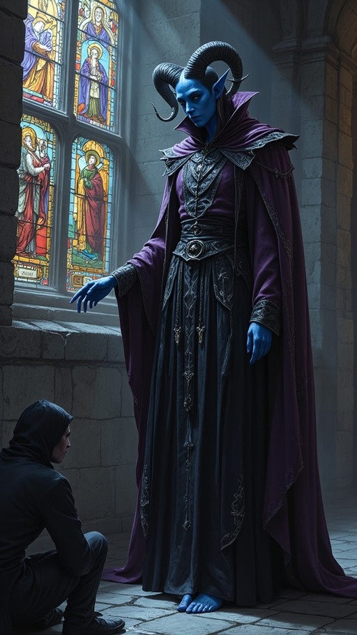 A tall blue-skinned demon with large curved horns and a purple robe stands in a cathedral next to a stained-glass window, reaching out toward a kneeling figure in a black hood.
