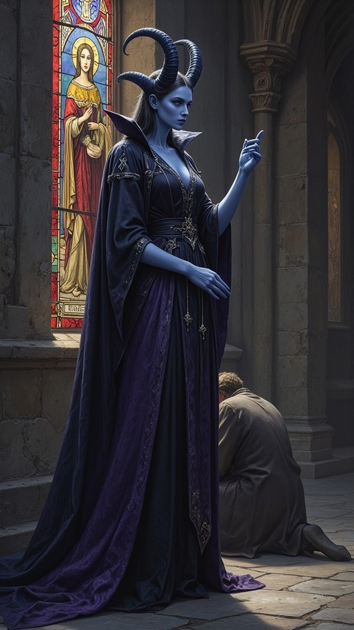 Blue-skinned horned woman in purple robe stands in cathedral with stained glass window while man kneels behind her.