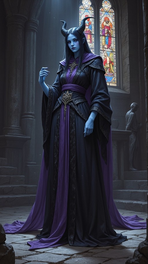 A blue-skinned woman with large curved horns stands in a stone cathedral wearing a long dark robe with purple accents, looking at the viewer while stained glass windows glow behind her.