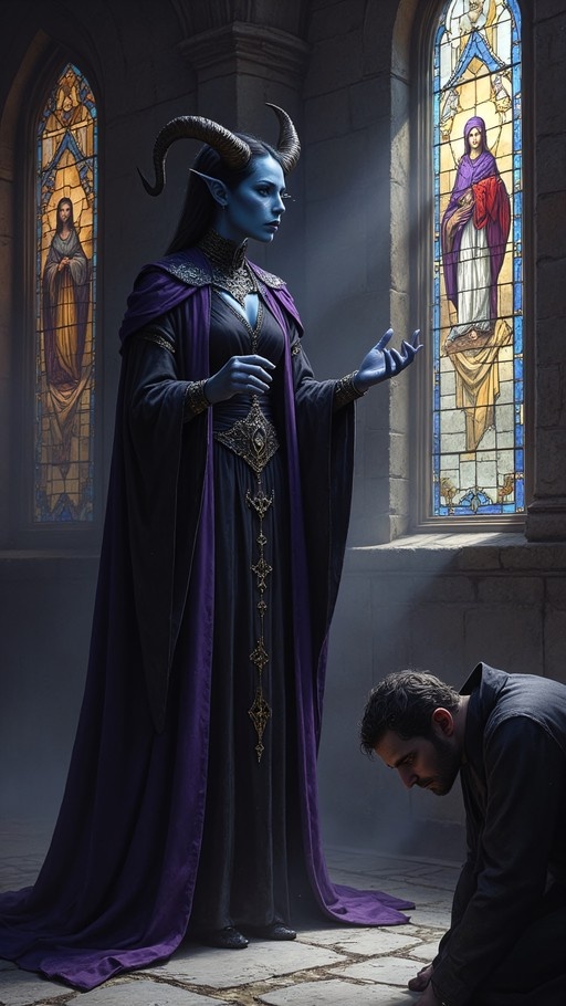 A blue-skinned woman with large curved horns and pointed ears stands in a stone cathedral wearing a black and purple gown, gesturing towards a bearded man kneeling on the floor before her while sunlight streams through stained-glass windows.
