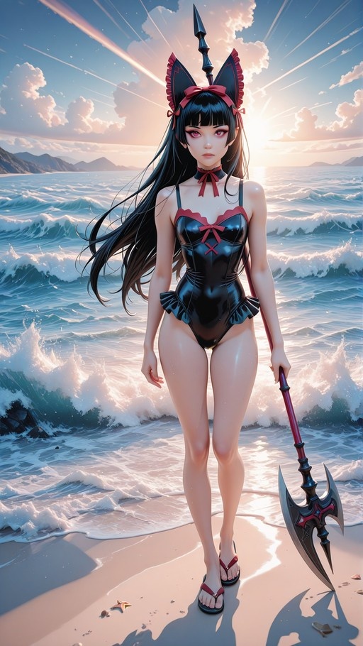 An anime-style girl with cat ears and long black hair stands on a beach holding a halberd, wearing a shiny black swimsuit with red accents.