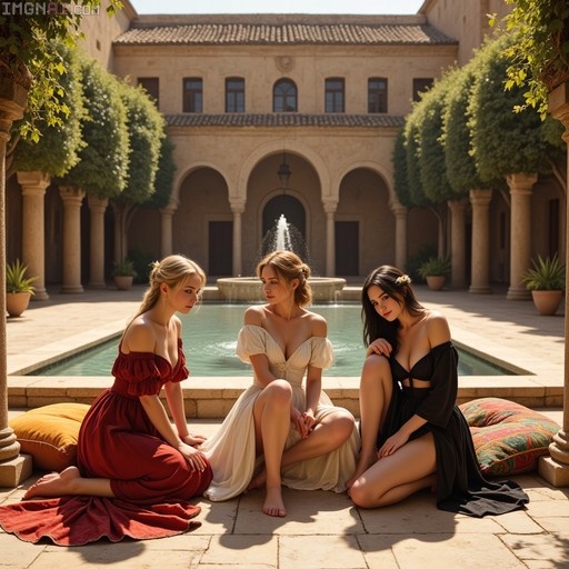 Three barefoot women in red, cream, and black off-shoulder dresses sitting on cushions near a fountain in a sunlit courtyard with arched colonnades.