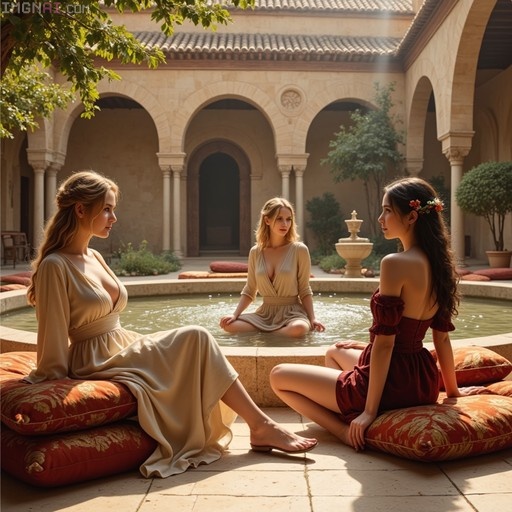 Three women in long dresses relaxing by a fountain in a courtyard with horseshoe arches and red cushions.