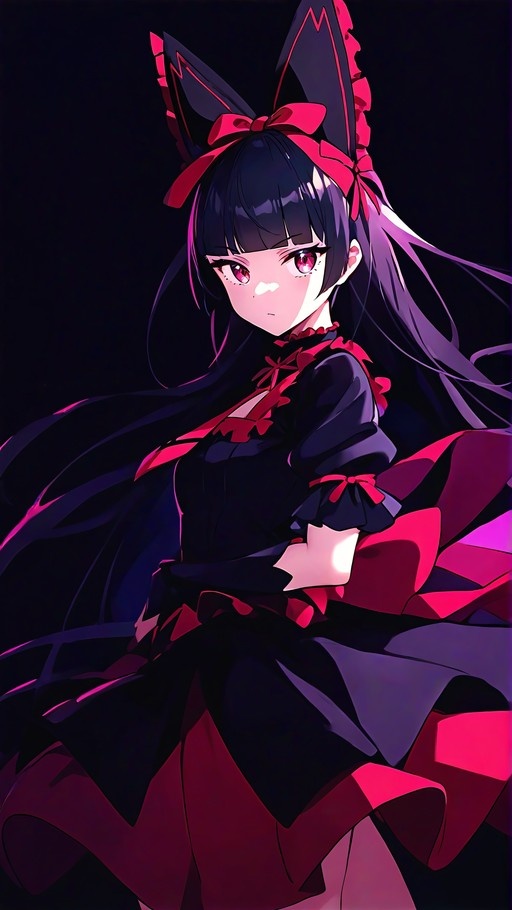 An anime girl with long black hair and red eyes wearing a black gothic lolita dress with red ribbons and large cat ears on her head.