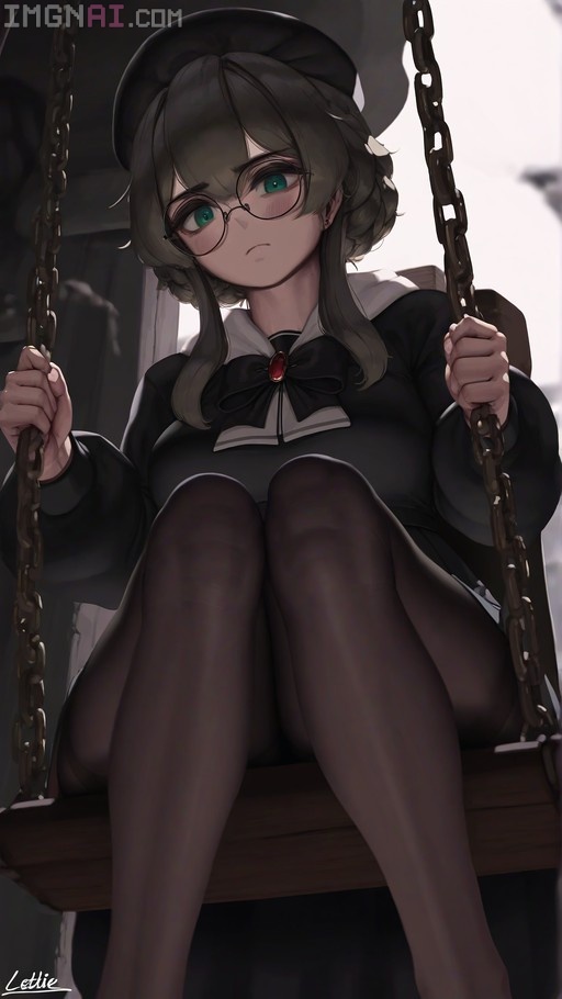 An anime-style Alice Liddell wearing glasses and a black hat sits on a chain swing in a black dress.