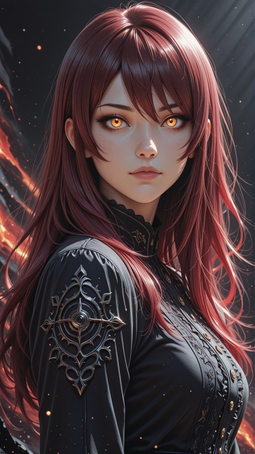 A portrait of a red-haired woman with amber eyes and freckles wearing a black dress with a silver shoulder emblem, surrounded by floating embers.