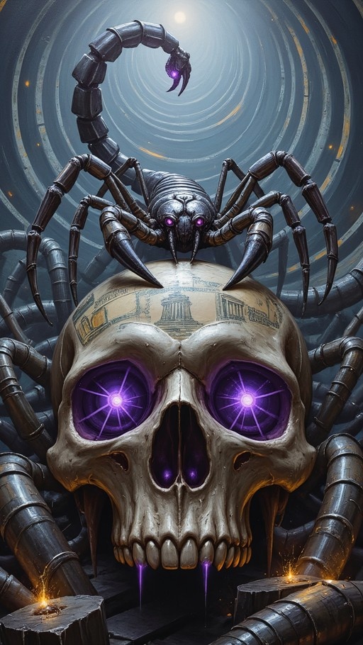 A large metallic skull with glowing purple starburst eyes and a classical architecture engraving on its forehead, topped by a mechanical scorpion with a glowing stinger.