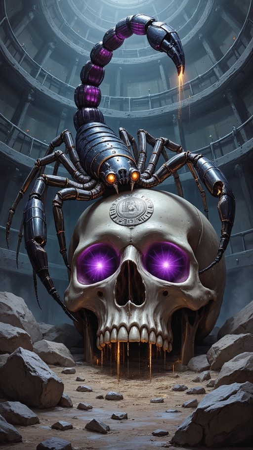 A giant mechanical scorpion with a glowing purple tail sits on top of a massive skull with bright violet eyes in a rocky industrial arena.