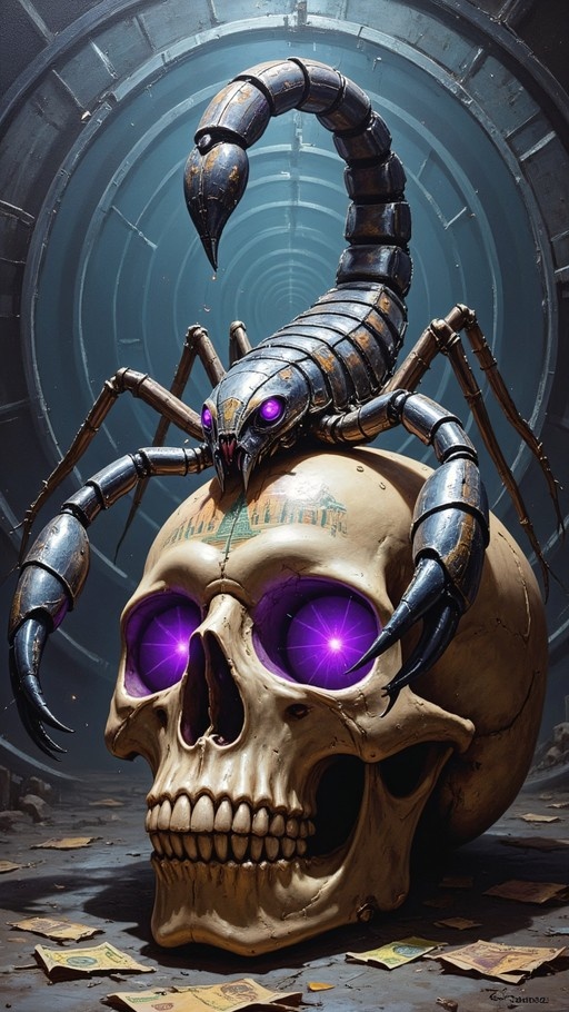 A large metallic scorpion with glowing purple eyes perched on a giant cracked skull with matching purple eye sockets in a dark tunnel setting.