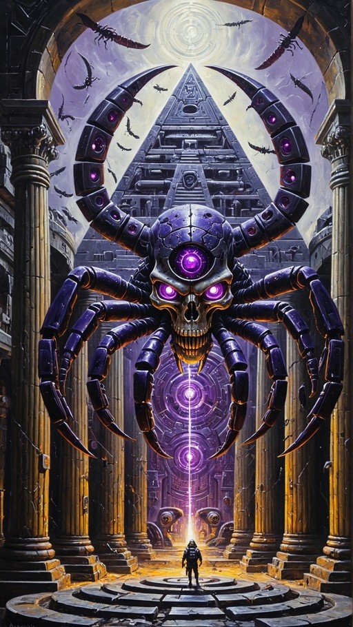 A giant mechanical scorpion with a skull face and glowing purple eyes stands in an ancient temple hall facing a small armored figure.