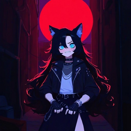 Anime-style girl with black hair and animal ears wearing a studded leather jacket and fingerless gloves stands in an alleyway under a large red moon.