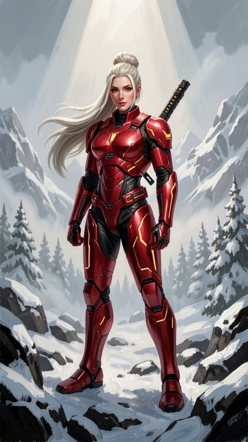 Full-body digital illustration of a female warrior with long white hair in sleek red and black power armor standing in a snowy mountain pass with a sword on her back.