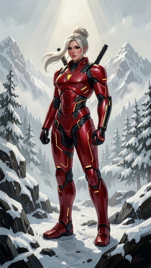 A woman with white hair in a bun wearing red and black futuristic armor stands in a snowy mountain landscape with pine trees.