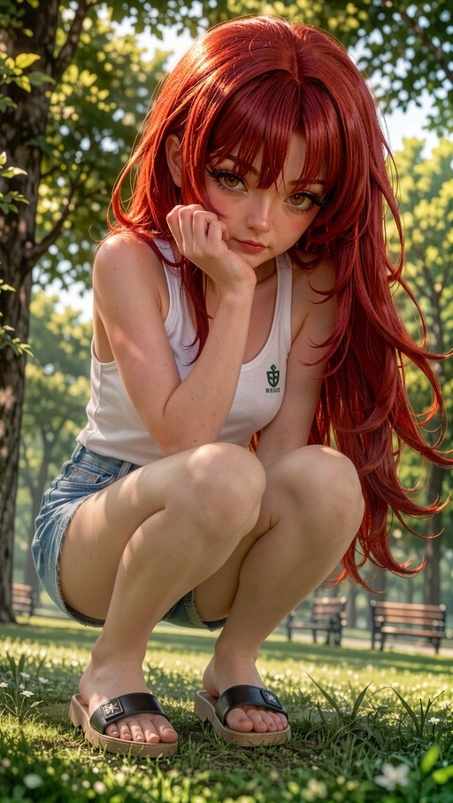 A young woman with long red hair squats on the grass in a park, wearing a white tank top and denim shorts while looking at the camera.