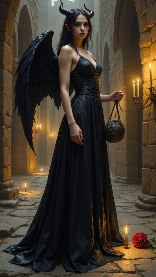 A woman with horns and black wings stands in a candlelit stone hallway wearing a long black dress and holding a bag near a red rose.