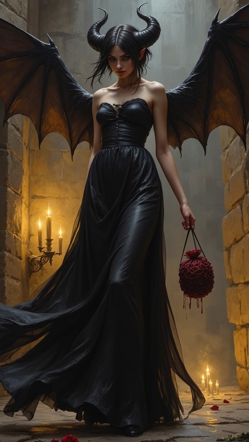 A horned demon girl with large black wings walks through a candlelit stone hallway wearing a strapless black dress and holding a red dripping bag.