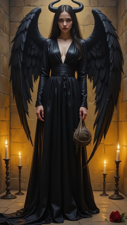 A pale woman with long dark hair, large curved black horns, and massive black wings stands in a stone room wearing a floor-length black dress. She holds a bundle of twigs while lit candles surround her feet, and a red rose lies on the ground nearby.